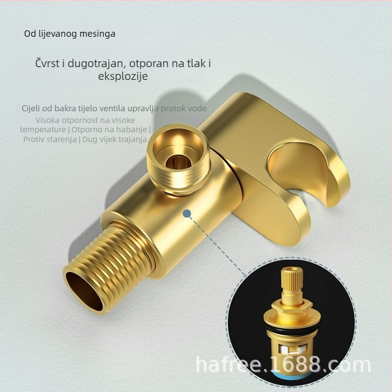 Mini bakreni kutni ventil s integriranim nosačem, ugradnji u zid, 1 ulaz i 2 izlaza, neovisni prekidač