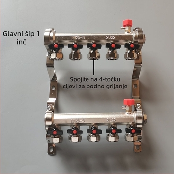 Bakreni geotermalni podni razvodnik, 4 priključka, 1 inč navoj, elektroplatirani završetak