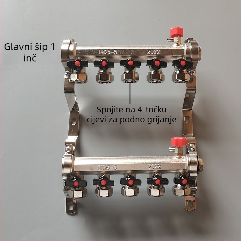 Bakreni geotermalni podni razvodnik, 4 priključka, 1 inč navoj, elektroplatirani završetak