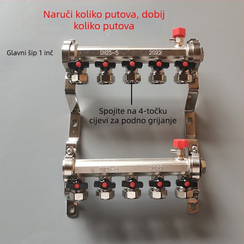 Bakreni geotermalni podni razvodnik, 4 priključka, 1 inč navoj, elektroplatirani završetak
