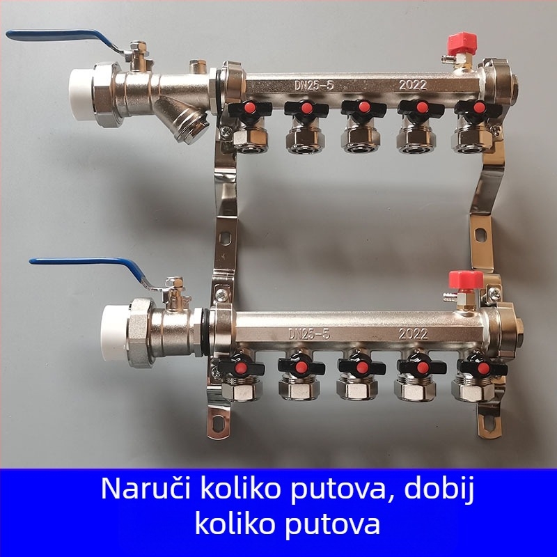 Bakreni geotermalni podni razvodnik, 4 priključka, 1 inč navoj, elektroplatirani završetak