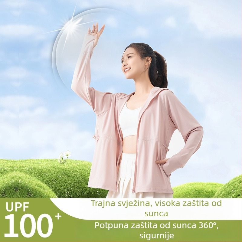 Ženska vanjska jakna s UV zaštitom UPF100+, prozračna, kapuljača, materijal 82% najlon / 18% spandex, model F017