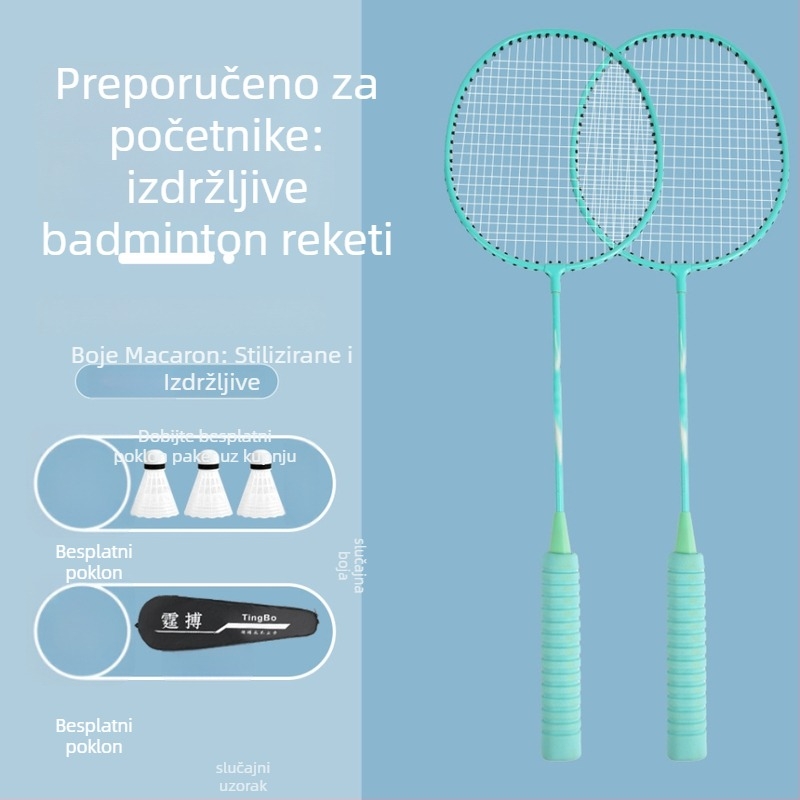 Raketa za badminton – težina 95–100 g, okvir od željezng legura, srednja tvrdoća, paket od 6 komada