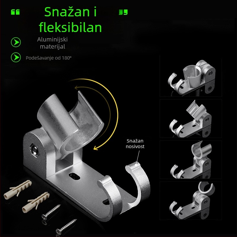 Držač za tuš od Space aluminija, bez bušenja, podesiv, s fiksnom bazom i kukom
