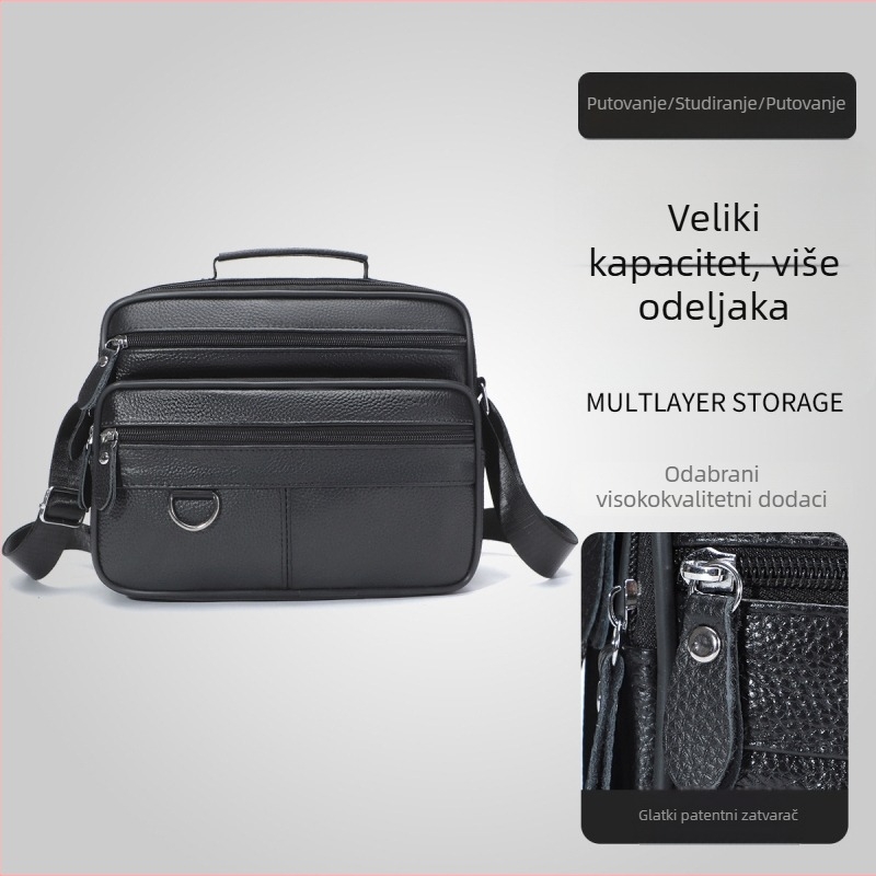 Muška kožna crossbody torba – gradski minimalistički dizajn; vrhunska goveđa koža (top grain), za 10-inčni prijenosnik, jednobojna, prozračna i ultra lagana za poslovna putovanja