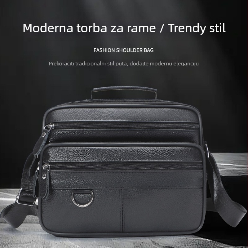 Muška kožna crossbody torba – gradski minimalistički dizajn; vrhunska goveđa koža (top grain), za 10-inčni prijenosnik, jednobojna, prozračna i ultra lagana za poslovna putovanja