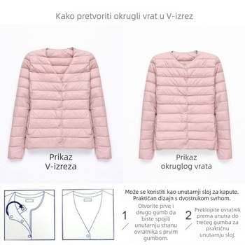 Ženska lagana jakna s punom od imitacijskog svilenog pamuka, bez ovratnika, uski kroj, ultra kratka duljina ≤40 cm; glavni materijal: poliester; sadržaj glavnog materijala: ispod 30% elastana.