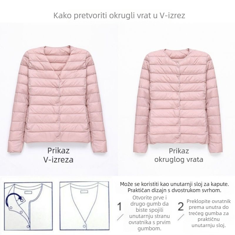 Ženska lagana jakna s punom od imitacijskog svilenog pamuka, bez ovratnika, uski kroj, ultra kratka duljina ≤40 cm; glavni materijal: poliester; sadržaj glavnog materijala: ispod 30% elastana.