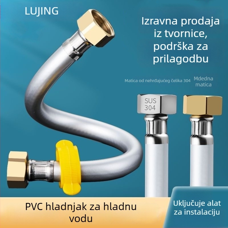 Toaletni dovod cijevi s PVC spojem i navojem, kutni ventil; materijali PVC + nehrđajući čelik + bakar; nazivni tlak 1.0 MPa; radna temperatura 0-90°C