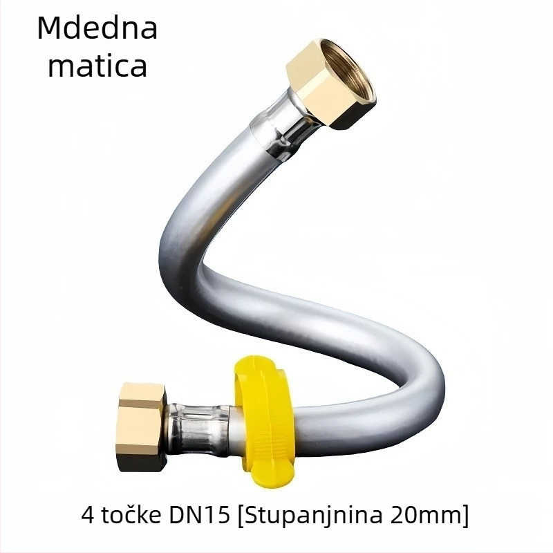 Toaletni dovod cijevi s PVC spojem i navojem, kutni ventil; materijali PVC + nehrđajući čelik + bakar; nazivni tlak 1.0 MPa; radna temperatura 0-90°C