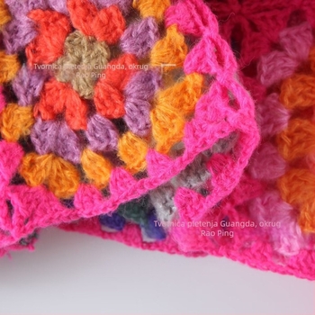 Ručni pleteni kardigan s kukičanjem, granny-square uzorak, etnički stil, otvoreni dizajn, akrilno vlakno 95%+
