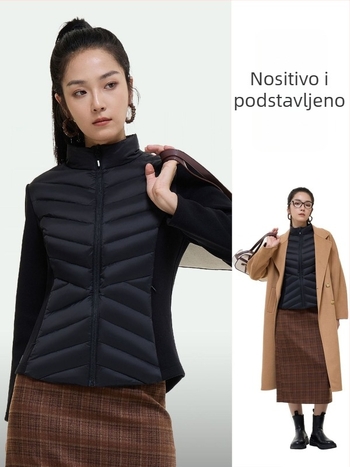 Patchwork perjasta jakna s stojećim ovratnikom, uski kroj, najlons vanjski, punjenje od guščjeg perja, udio perja 85-90%