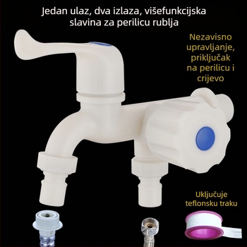 Kran za perilicu rublja, dvostruka glava, plastičan, 1 ulaz 2 izlaza, samo hladna voda, zidni priključak, keramički središnji ventil.