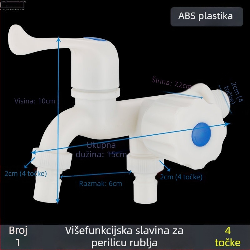 Kran za perilicu rublja, dvostruka glava, plastičan, 1 ulaz 2 izlaza, samo hladna voda, zidni priključak, keramički središnji ventil.