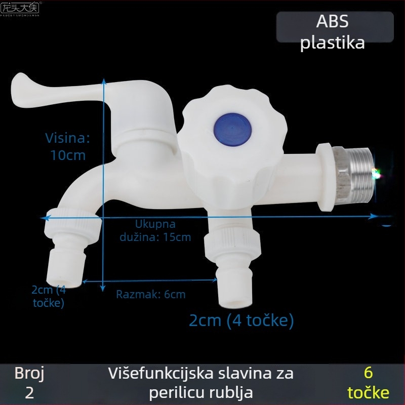 Kran za perilicu rublja, dvostruka glava, plastičan, 1 ulaz 2 izlaza, samo hladna voda, zidni priključak, keramički središnji ventil.