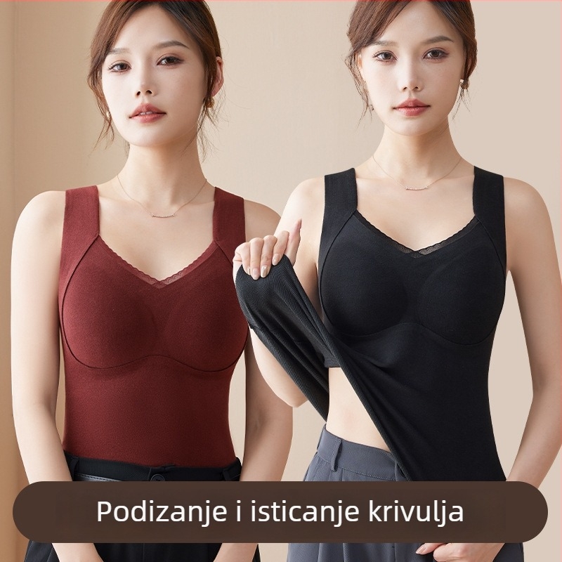 Topla ženska vest s integriranim jastučićima za grudi, fleece podstava, najlon materijal, V-izrez