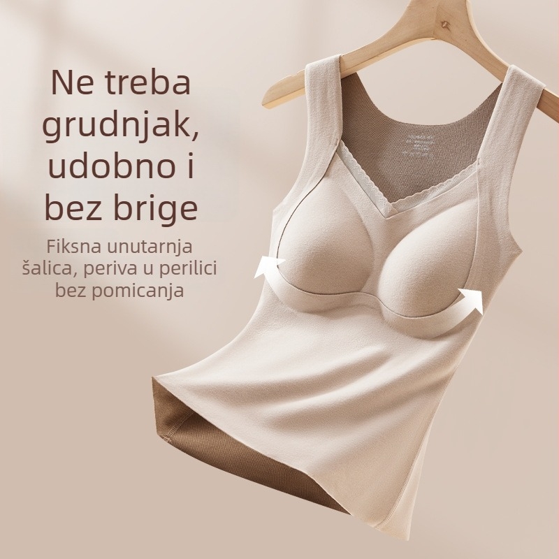 Topla ženska vest s integriranim jastučićima za grudi, fleece podstava, najlon materijal, V-izrez
