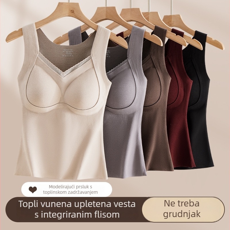 Topla ženska vest s integriranim jastučićima za grudi, fleece podstava, najlon materijal, V-izrez