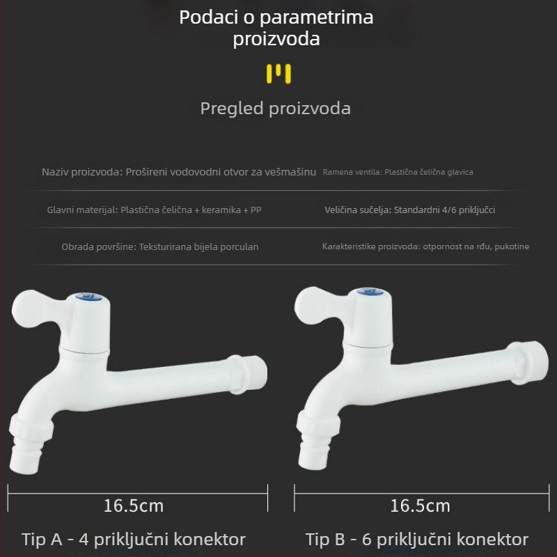 Produženi plastični faucet za kućnu upotrebu s PVC brzim priključkom, jedan hladan vodni tok, keramički disk ventil, brušeni završni sloj