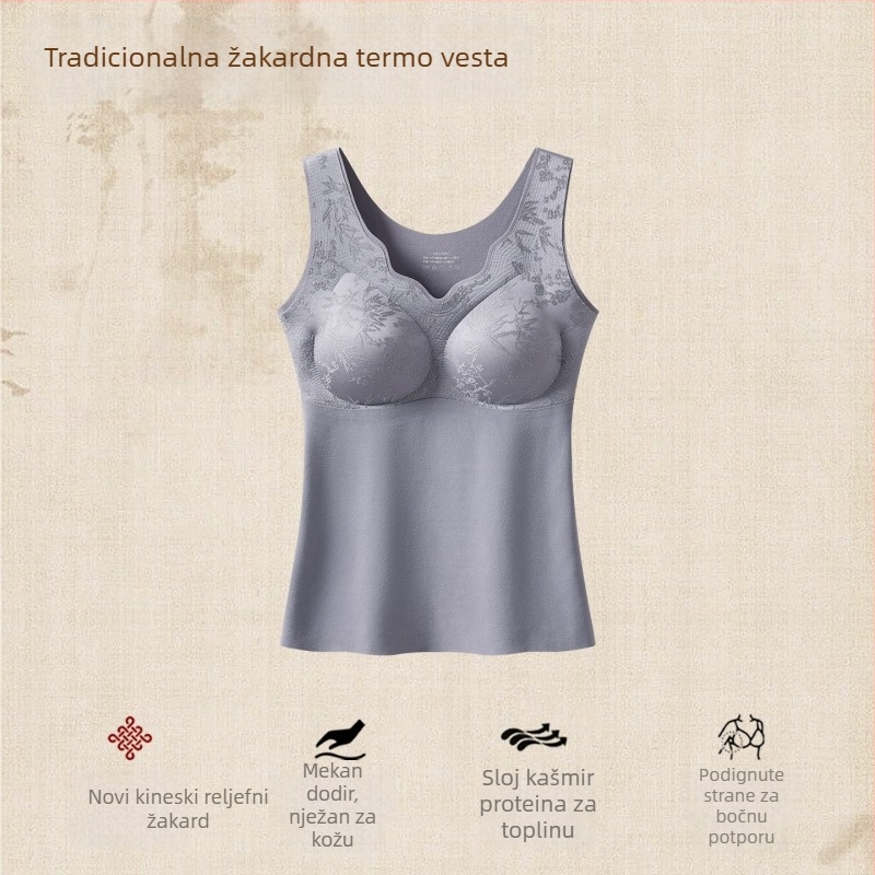 Novo kineskog stila Jacquard termalna majica za žene s umetnutim košaricama, fiksnim košaricama, fleece podstavom i debelim osnovnim slojem