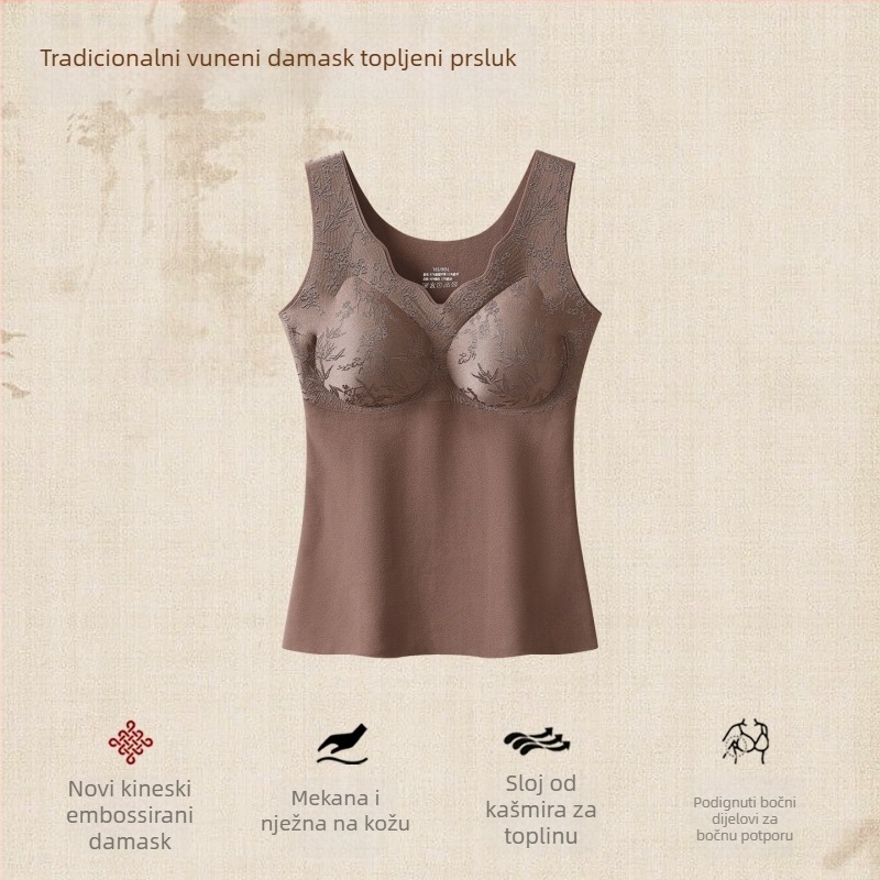 Novo kineskog stila Jacquard termalna majica za žene s umetnutim košaricama, fiksnim košaricama, fleece podstavom i debelim osnovnim slojem