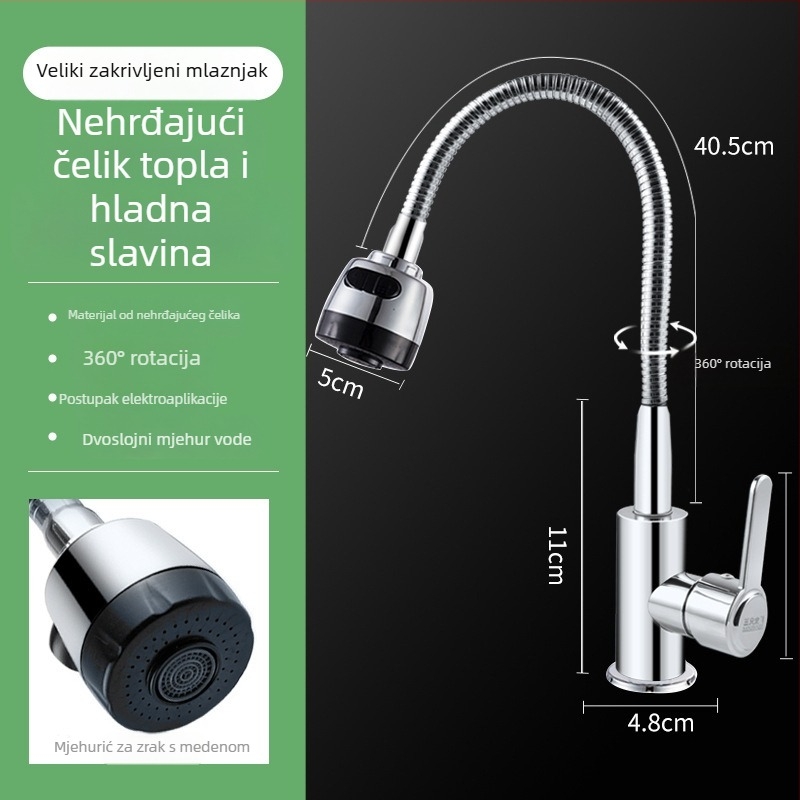 Kuhinjski slavina za sudoper od nehrđajućeg čelika – keramički disk ventil, 10 mm ulaz/izlaz, radna temperatura 0–70°C, nazivni tlak 0,8 MPa