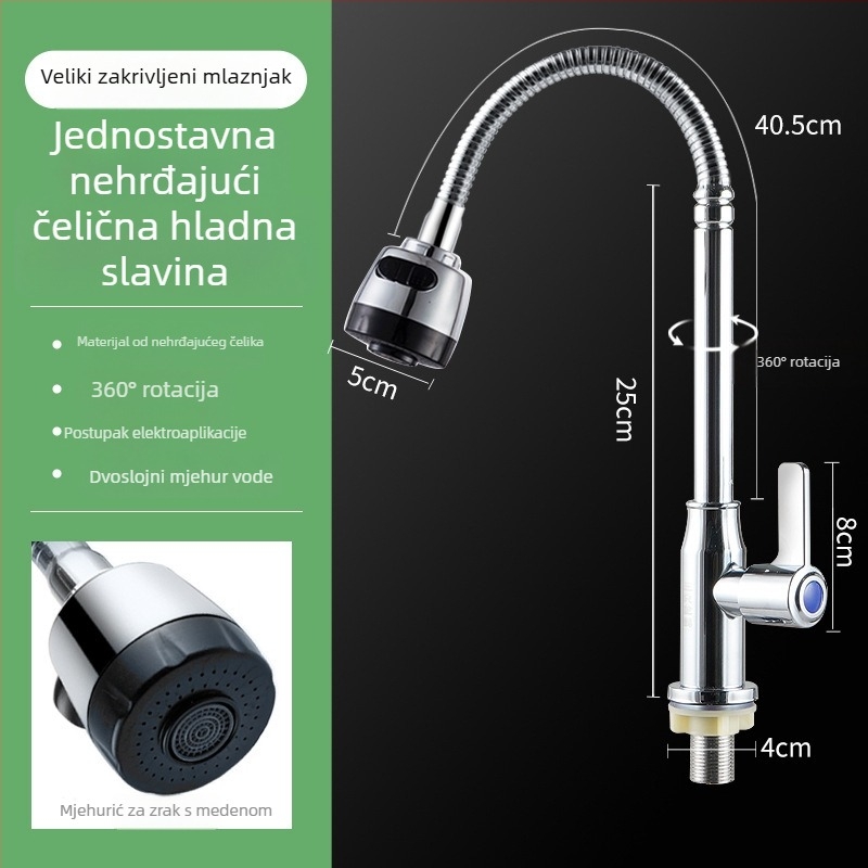 Kuhinjski slavina za sudoper od nehrđajućeg čelika – keramički disk ventil, 10 mm ulaz/izlaz, radna temperatura 0–70°C, nazivni tlak 0,8 MPa