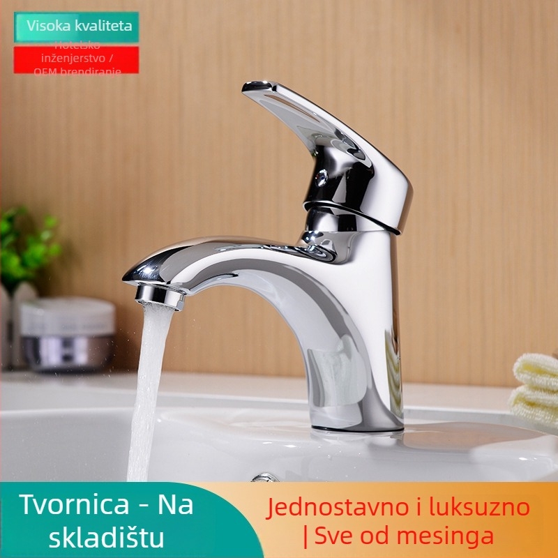 Kupaonska slavina za umivaonik s toplom i hladnom vodom — mesing, miješac s keramijskim jezgrom ventila, montaža na ploču, 0-80°C