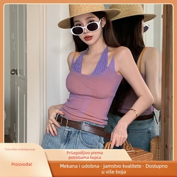 Halter vrh s 3D uzorkom, uski kroj, core-spun pređa, 70–80% elastan, ljetni stil
