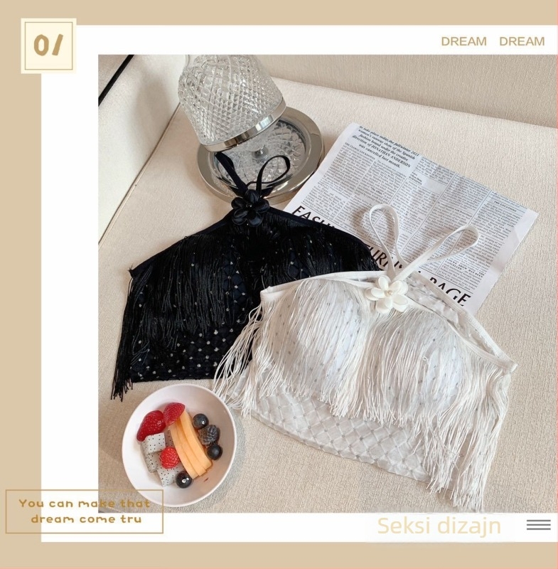 Wrap grudnjak / tube top s halter dizajnom i tassel detaljima, cvjetni bandeau, lijep leđa, mrežasti materijal, najlon