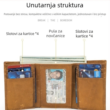 Muški kratki kožni novčanik od prave kože, višestruki dizajn s pretincima za kartice i fotografije, retro stil, model 1199