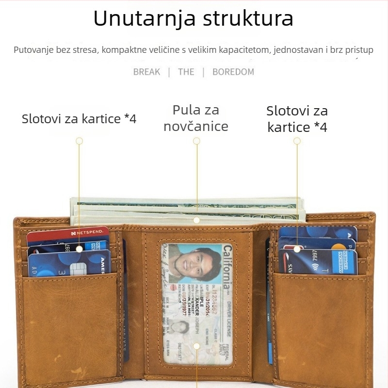 Muški kratki kožni novčanik od prave kože, višestruki dizajn s pretincima za kartice i fotografije, retro stil, model 1199