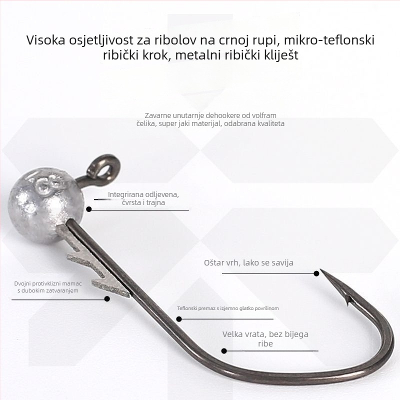 Učica s olovnom glavom, dugačak držač, teflonska prevlaka protiv klizanja, bez bodlji, veličina 2,5, za ribolov u Black Pit