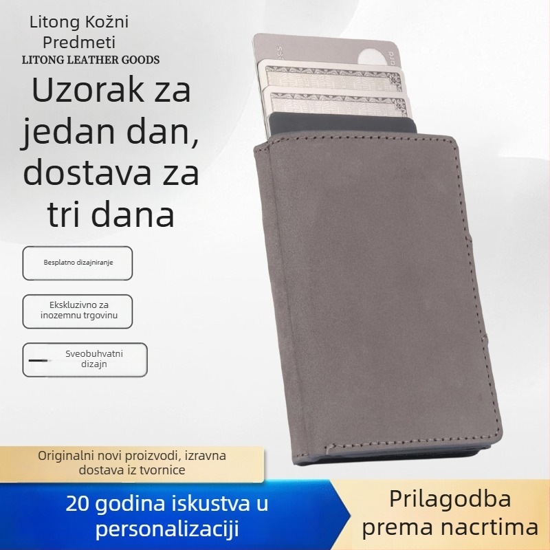 Prilagođeni Crazy Horse kožni novčanik za muškarce s RFID zaštitom, prvi sloj teleće kože, magnetsko zatvaranje, automatsko izbacivanje kartica, više pretinaca za kartice