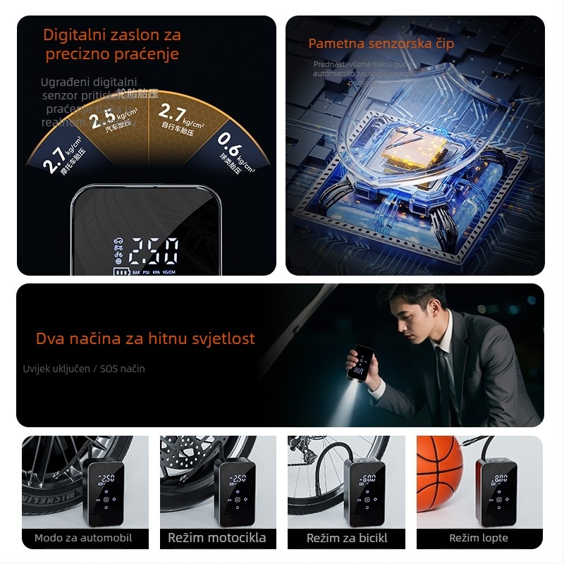 Automobilska pumpa za gume s digitalnim zaslonom, 12V, 80W, 35 L/min, USB punjenje