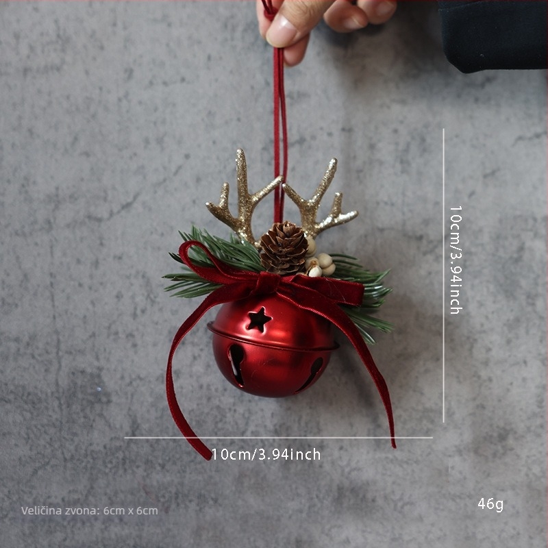 Božićna ukrasna viseća dekoracija za vrata s mašnicom i zvonom, naglasak na borovu šišarku, metal i drvo