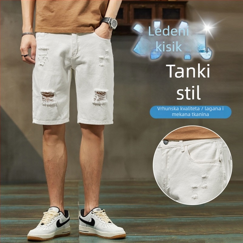 Muške džins šorceve, tanak denim, ravni kroj, poderotine, mladenački stil