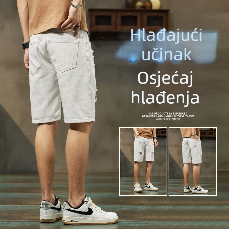 Muške džins šorceve, tanak denim, ravni kroj, poderotine, mladenački stil