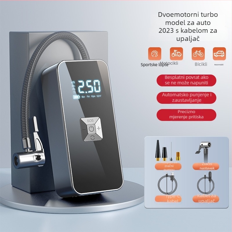 Bežična prijenosna automobilska pumpa s digitalnim zaslonom, USB punjenje, protok zraka 35 L/min, snaga ispod 80 W, težina 465 g