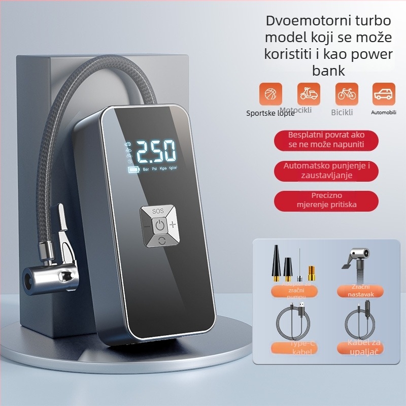 Bežična prijenosna automobilska pumpa s digitalnim zaslonom, USB punjenje, protok zraka 35 L/min, snaga ispod 80 W, težina 465 g