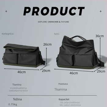 Putna torba s krivom remenom, multifunkcionalna s razdjelom suho/mokro, vodootporna, ultra lagana, kapacitet 20–35 L, materijal Leather film, podloga od poliester, gradski minimalistički stil.