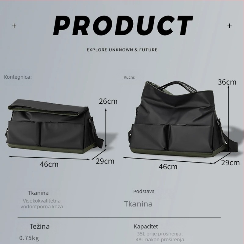 Putna torba s krivom remenom, multifunkcionalna s razdjelom suho/mokro, vodootporna, ultra lagana, kapacitet 20–35 L, materijal Leather film, podloga od poliester, gradski minimalistički stil.