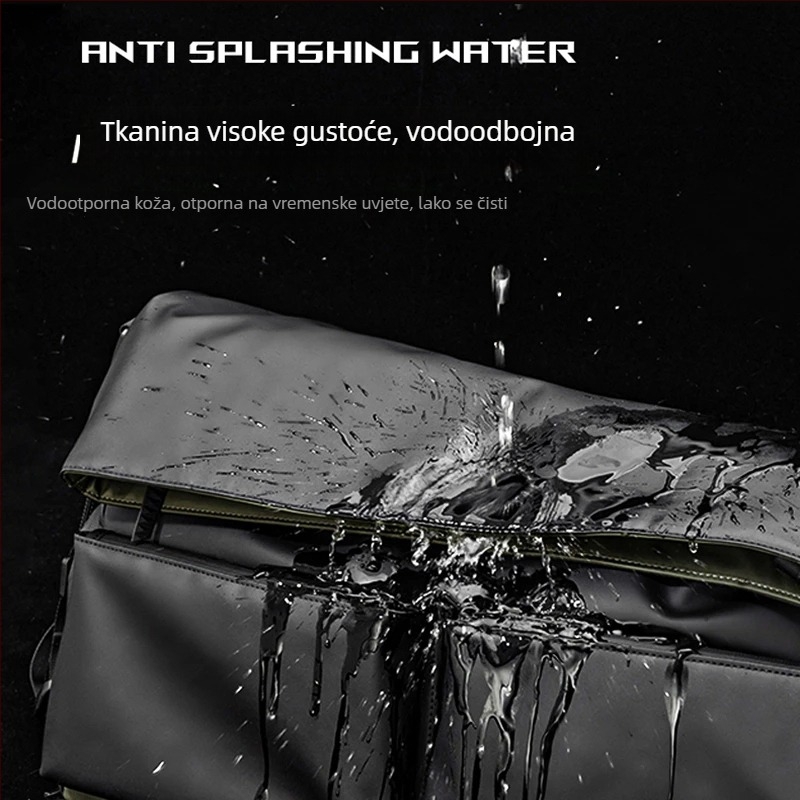 Putna torba s krivom remenom, multifunkcionalna s razdjelom suho/mokro, vodootporna, ultra lagana, kapacitet 20–35 L, materijal Leather film, podloga od poliester, gradski minimalistički stil.