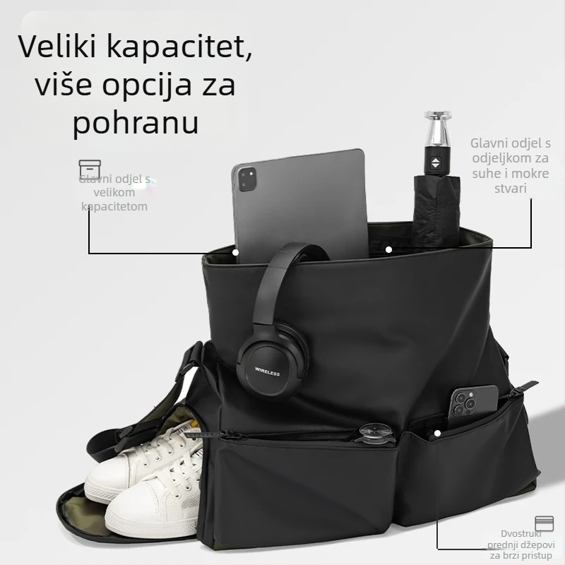Putna torba s krivom remenom, multifunkcionalna s razdjelom suho/mokro, vodootporna, ultra lagana, kapacitet 20–35 L, materijal Leather film, podloga od poliester, gradski minimalistički stil.