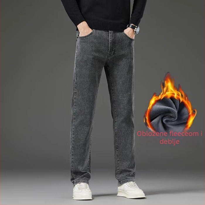 Muške traperice ravnog kroja s flis podstavom, niska struka, prednji zatvarač, visoka elastičnost