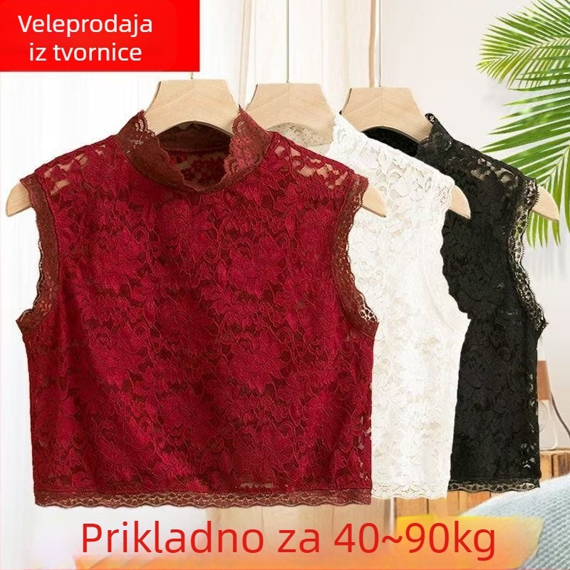 Čipkasta osnovna bluza s lažnim ovratnikom za žene, materijal poliesterska svila, uzor pivonija, moderna i svestrana, proljeće 2025