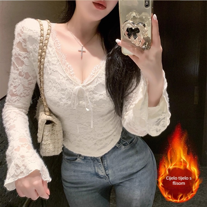 Ženski poliester top s V-izrezom i čipkom, uži kroj, dugi rukav, jednobojni uzorak, za slojevito nošenje