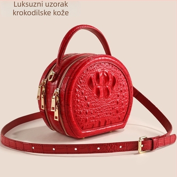 Okrugla torbica crossbody od prave kože s uzorkom krokodila, box stil, zatvaranje zipom