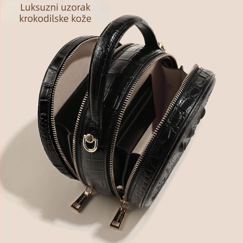 Okrugla torbica crossbody od prave kože s uzorkom krokodila, box stil, zatvaranje zipom