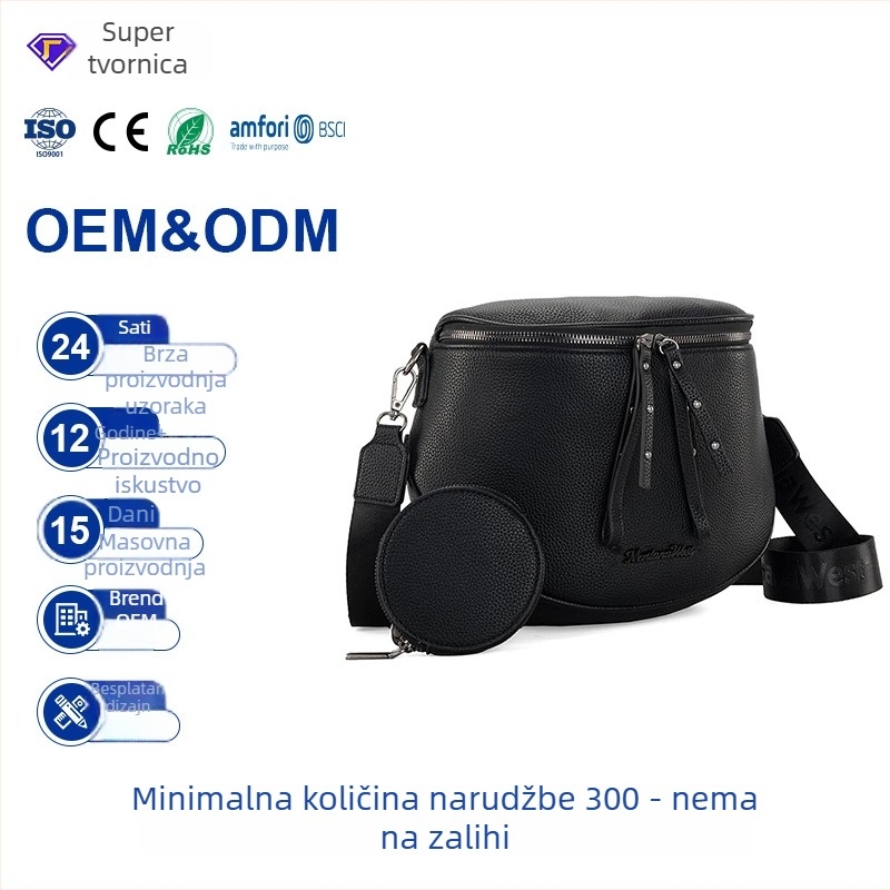 Bucket bag - PU koža s lychee-grain teksturom, zatvaranje zatvaračem, unutarnji džepovi za telefon i dokumente